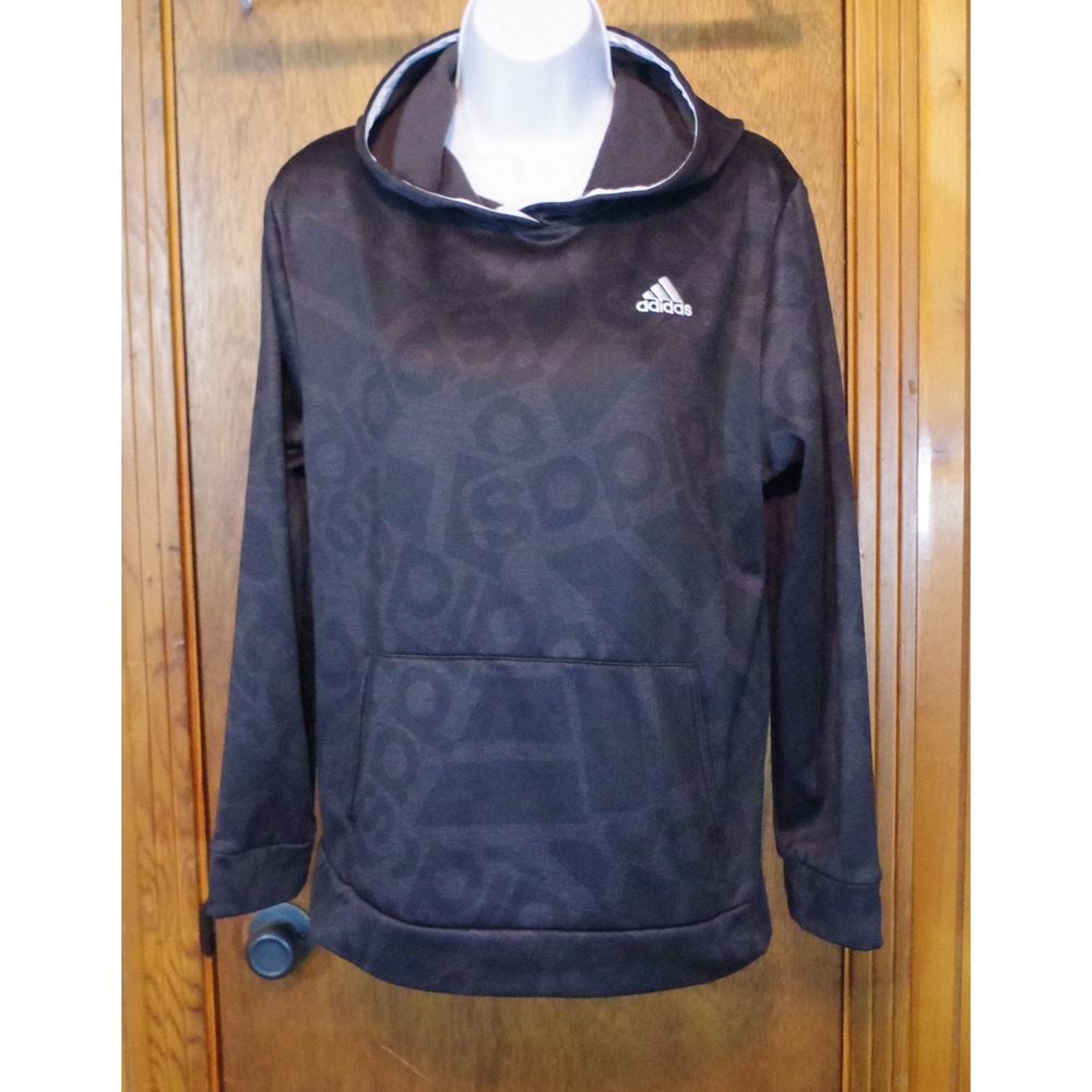 Adidas Boys XL Hoodie Black Tonal All Over Logo Print Fleece Sweatshirt